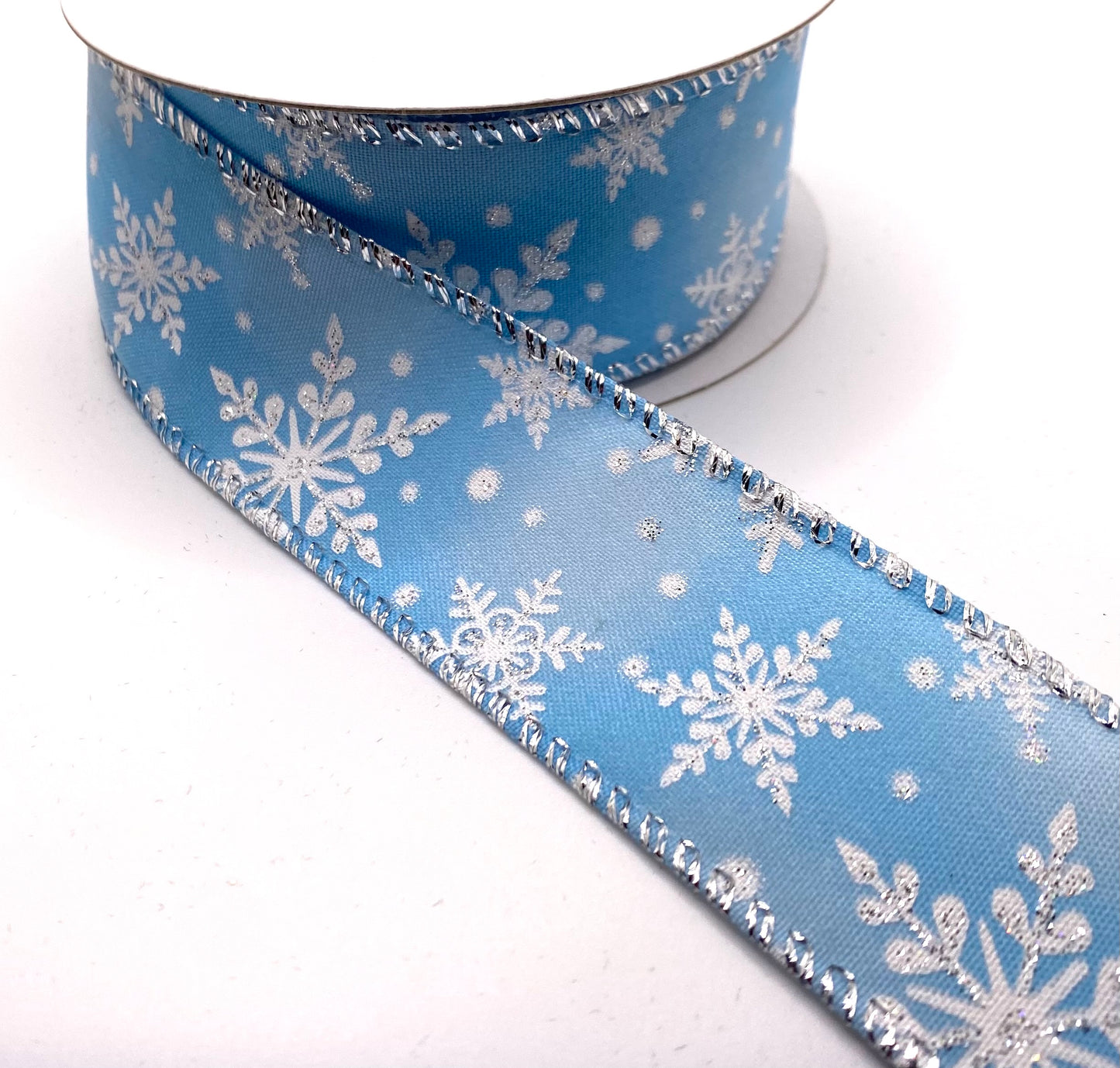 10 Yards - 1.5” Wired Light Blue Satin White-Irid Snowflakes Ribbon