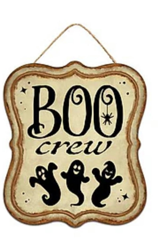 7"Lx6"H Tin Matte Boo Crew Halloween Wreath Signs