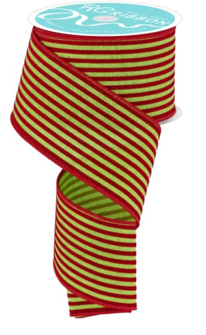 10 Yards - 2.5” Wired Lime Green and Red Vertical Thin Stripe Ribbon