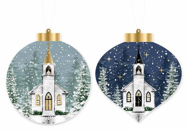 5.5” H- 2 Set Double Sided Church in Winter Christmas Ornament Signs