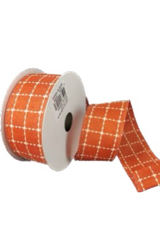 Wired Dark Orange and Cream Check Ribbon- 1.5”x10 Yards