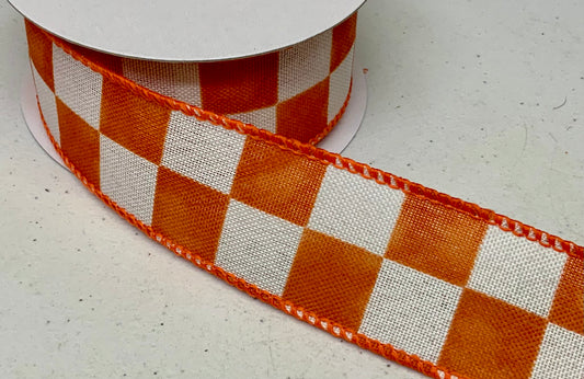 Wired Ivory Linen Rust Watercolor Check Ribbon- 1.5”x 10 Yards