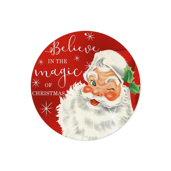 8” Round Metal Believe in the Magic Santa Wreath Sign