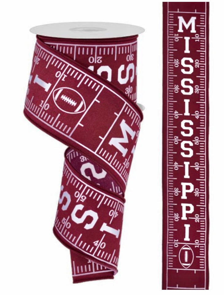 10 Yards - 2.5" Wired Brown and White Mississippi Sports Ribbon