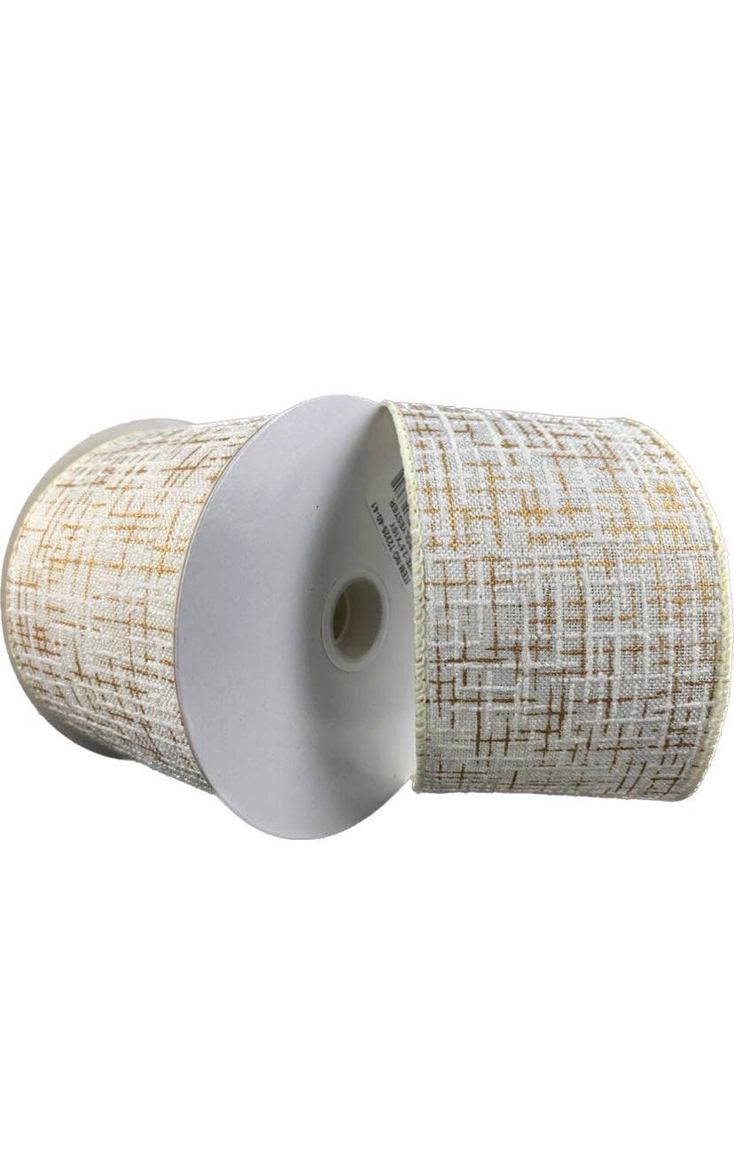 Wired Ivory Linen with White and Gold Glitter Print Tweed Ribbon- 2.5”x10 Yards