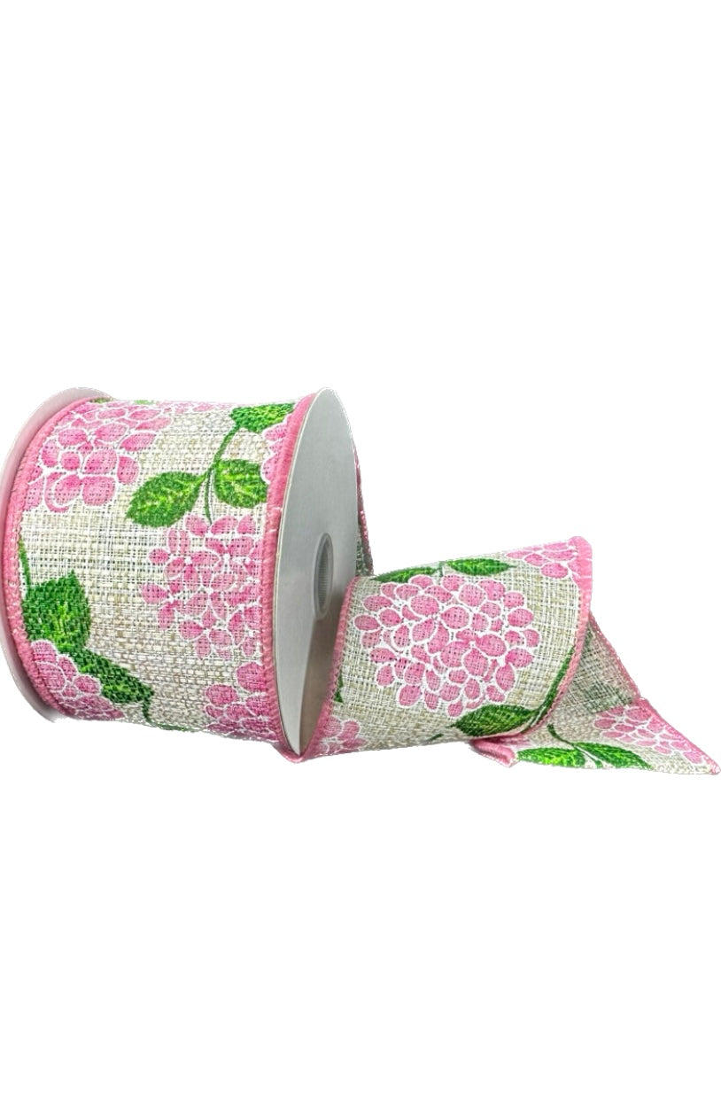 10 Yards - 2.5 Wired Natural Tweed with Mauve Hydrangeas Ribbon