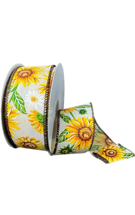 10 Yards - 1.5” Wired White Background Sunflower Ribbon