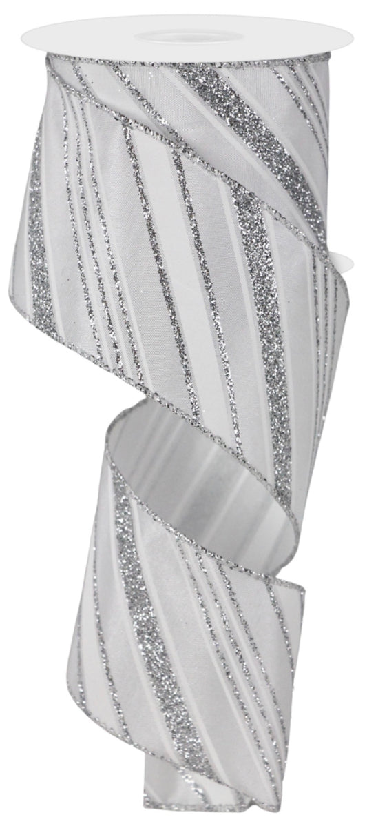 10 Yards - 2.5” Wired White and Silver Glitter Swirl Stripe Ribbon