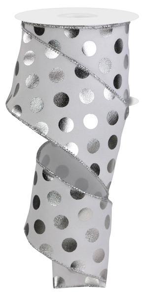 10 Yards - 2.5” Wired White and Silver Metallic Polka Dot Ribbon