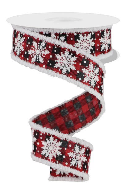 Wired Buffalo Plaid and White Winter Snowflake Ribbon with Snowdrift Edge- 1.5”x10 Yards