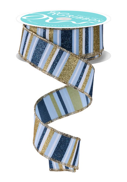 Wired Smoke Blue, Cream, Gold, and White Horizontal Stripe Glitter Accent Ribbon- 1.5”x10 Yards