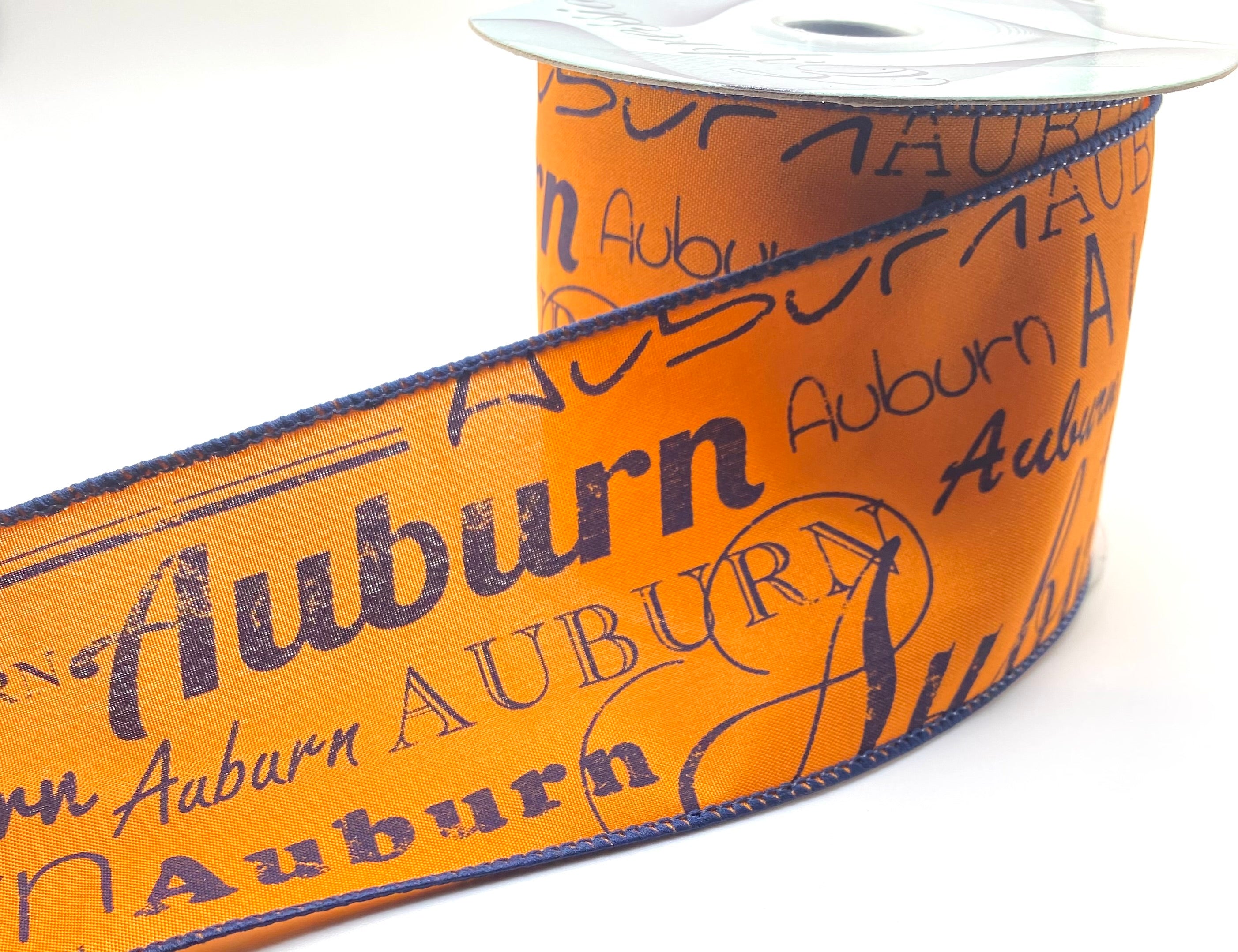 10 Yards - 2.5” Wired Orange and Navy Auburn Satin Ribbon ...