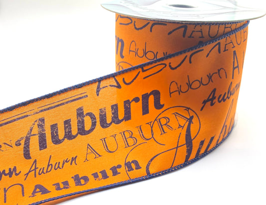 10 Yards - 2.5” Wired Orange and Navy Auburn Satin Ribbon