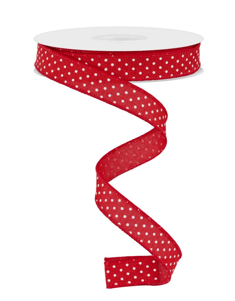 10 Yards- 5/8” Wired Red with White Polka Dots Burlap Ribbon