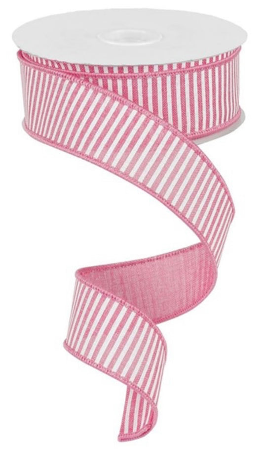 10 Yards - 1.5” Wired Pink and White Horizontal Print Ribbon