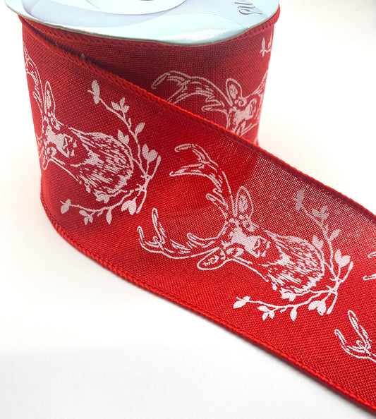 10 Yards - 2.5" Wired Deer Head with Red Background Ribbon