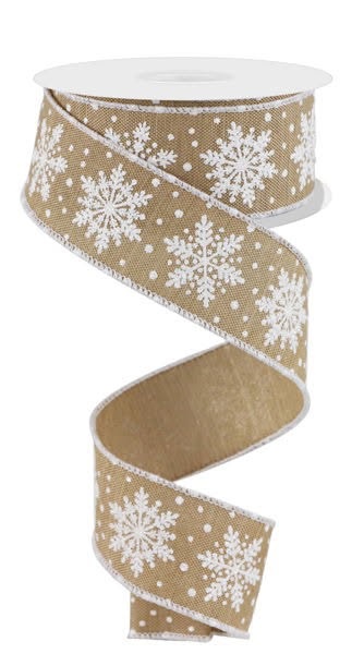 Wired Tan and White Snowflake Ribbon-1.5”x10 Yards
