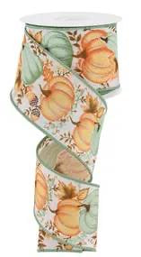 Wired Light Orange Pumpkins, Acorns, and Gourds Fall Ribbon- 2.5x10 Yards