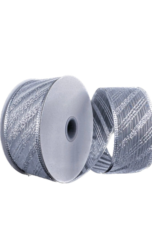 Wired Silver Sheer Silver Glitter Diagonal Stripe Ribbon- 1.5”x10 Yards