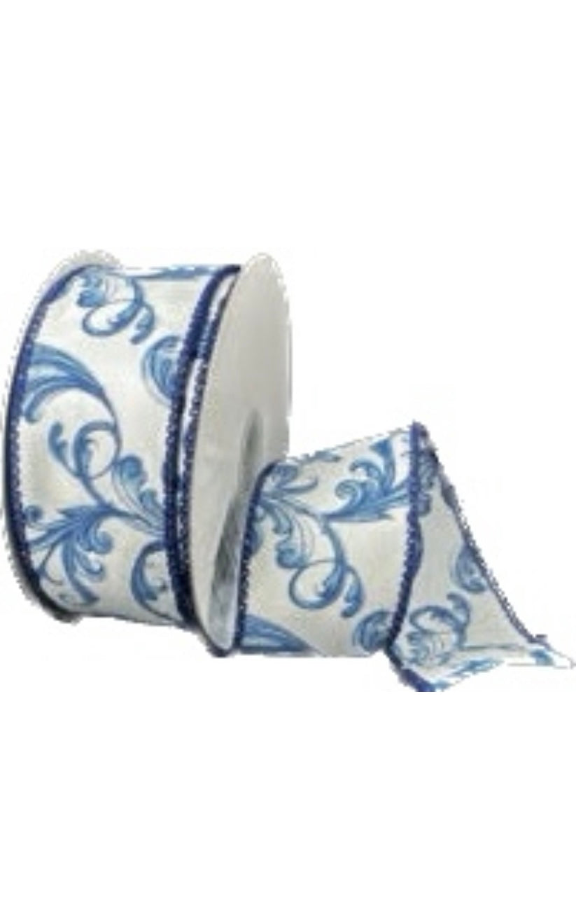 Wired White Glass Satin Chinoiserie Swirls Ribbon-1.5”x10 Yards