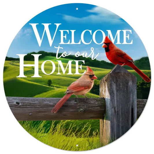 12” Round Metal Welcome To Our Home Cardinal Wreath Sign