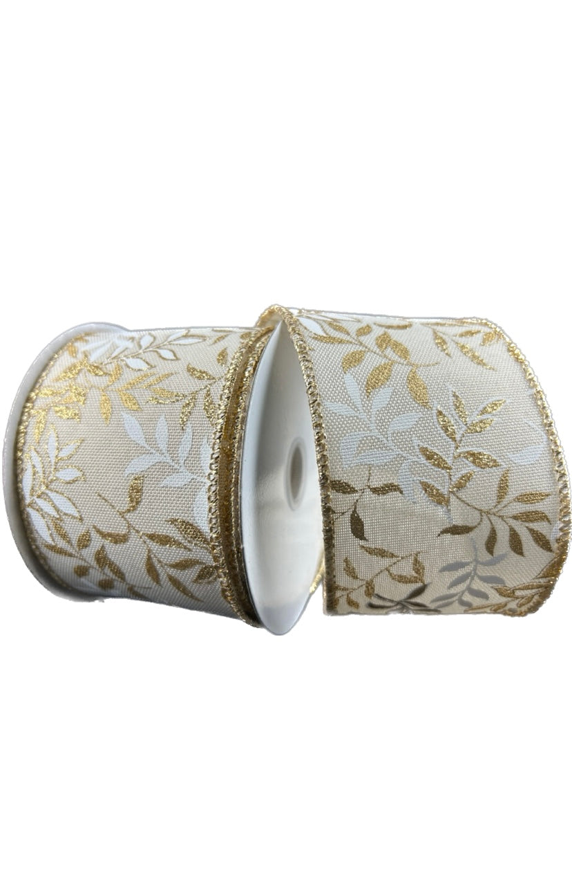 Wired Ivory Linen White and Gold Pressed Branches Ribbon-2.5”x10 Yards