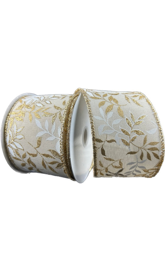 Wired Ivory Linen White and Gold Pressed Branches Ribbon-2.5”x10 Yards