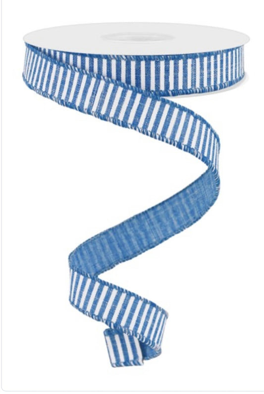 10 Yards - 5/8” Wired Blue and White Stripe Ribbon