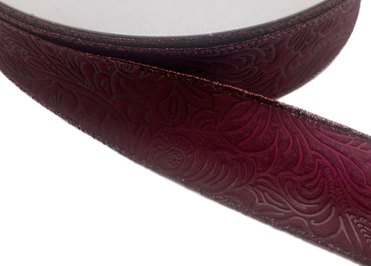 50 Yards - 1.5” Wired Burgundy Floral Design Embossed Ribbon