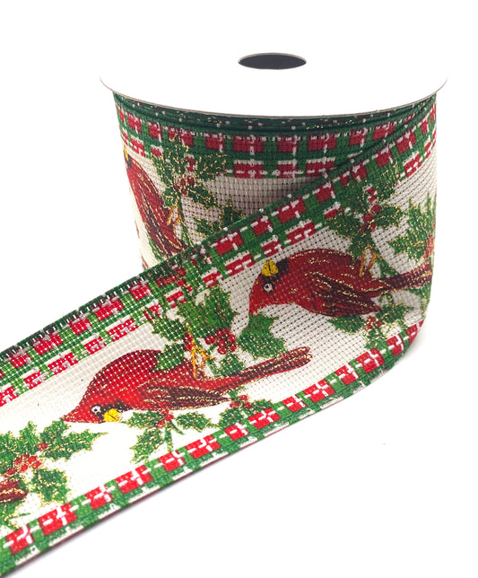 10 Yards - 2.5" Wired Red Cardinal on Holly Berry Branch Winter Ribbon