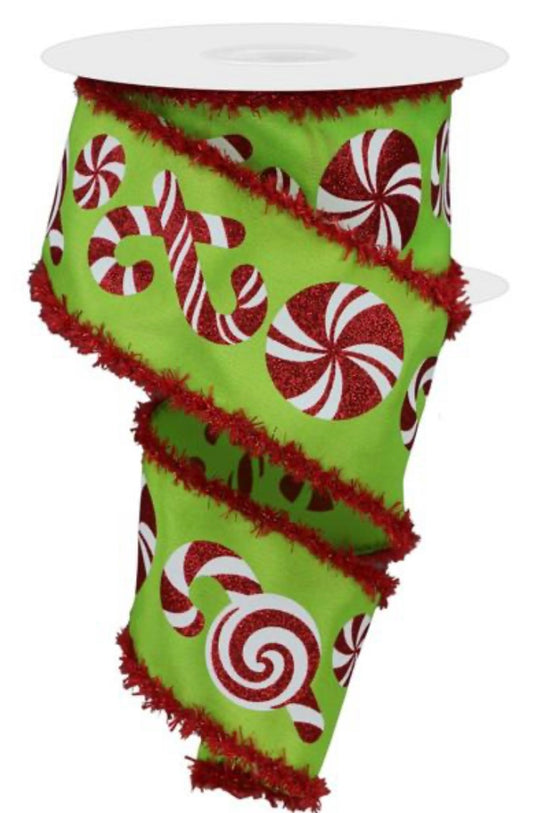 10 Yards - 2.5” Wired Peppermint Candy with Snowdrift Edge Christmas Ribbon