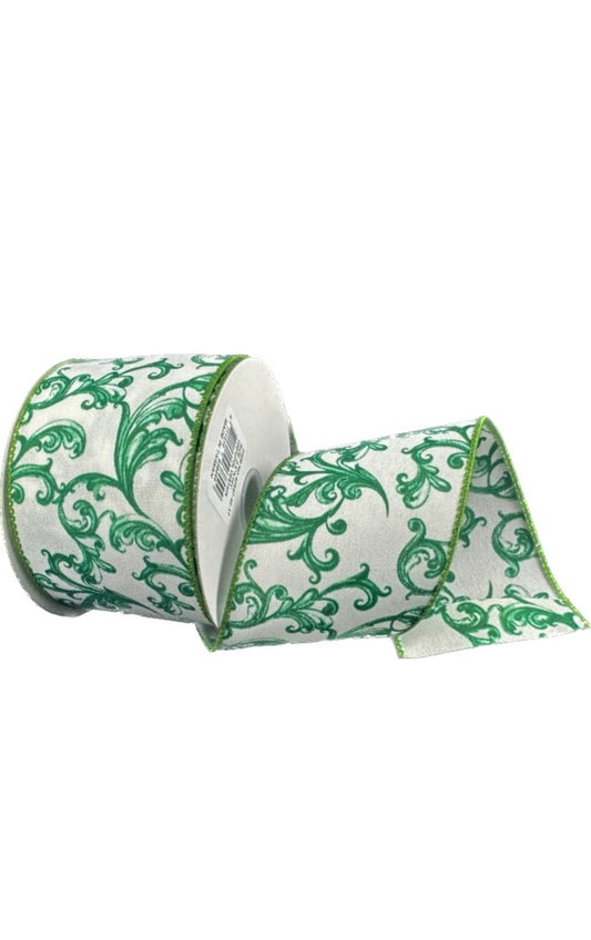 Wired White Satin Green Chinoiserie Swirls Ribbon- 2.5”x10 Yards