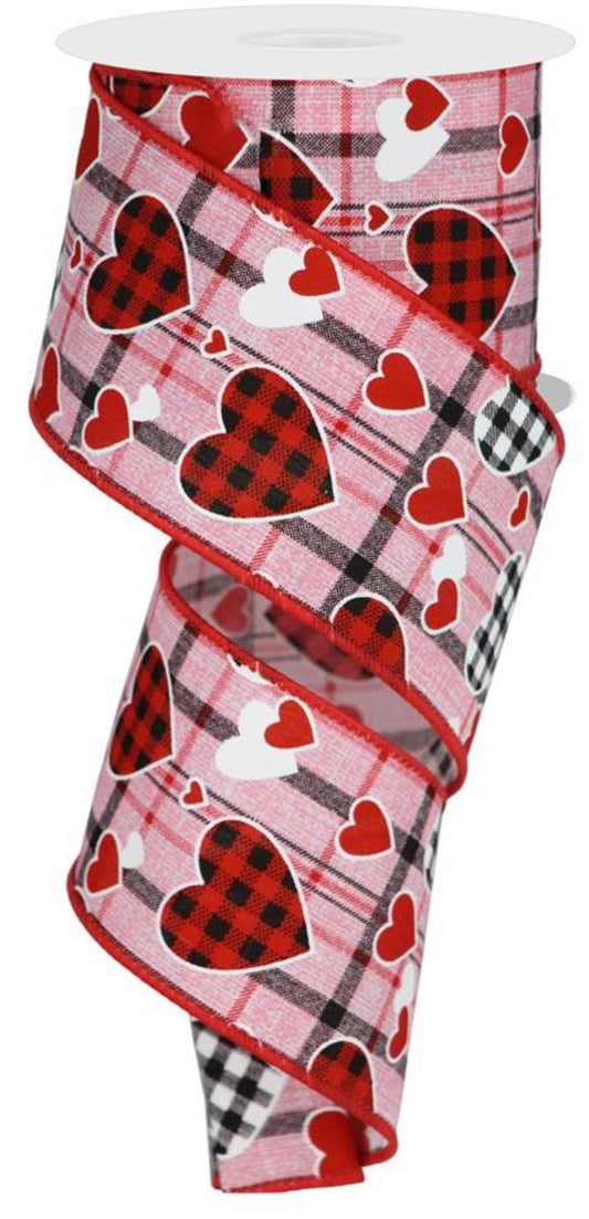 10 Yards - 2.5" Wired Pink Background Plaid Background Check Hearts Valentines Day Ribbon