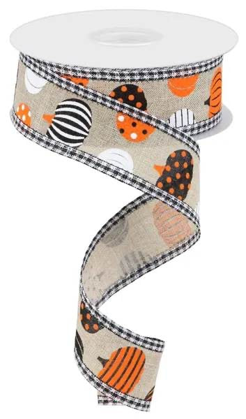 Wired Natural Pumpkin Ribbon with Gingham Border - Fall Ribbon - Halloween Ribbon-1.5”x10 Yards