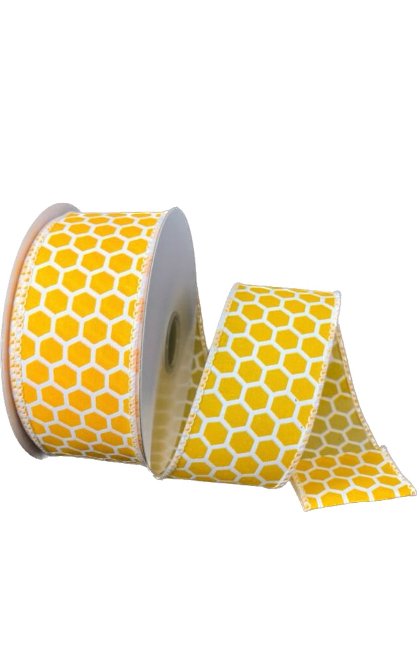 10 Yards - 1.5” Wired Yellow and White Honeycomb Ribbon