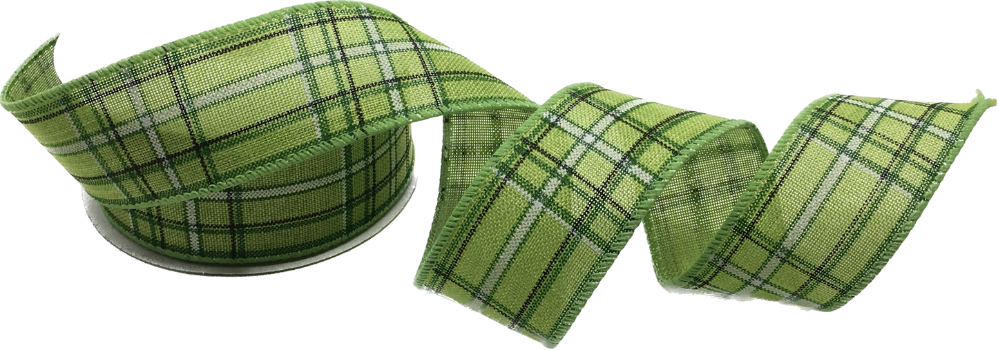 10 Yards - 1.5” Wired Lime Green, Black, and White Check Ribbon