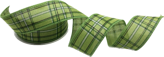 10 Yards - 1.5” Wired Lime Green, Black, and White Check Ribbon