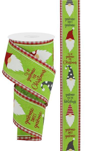 10 Yards - 2.5" Wired I’ll Be Gnome for Christmas Ribbon with Check Edge