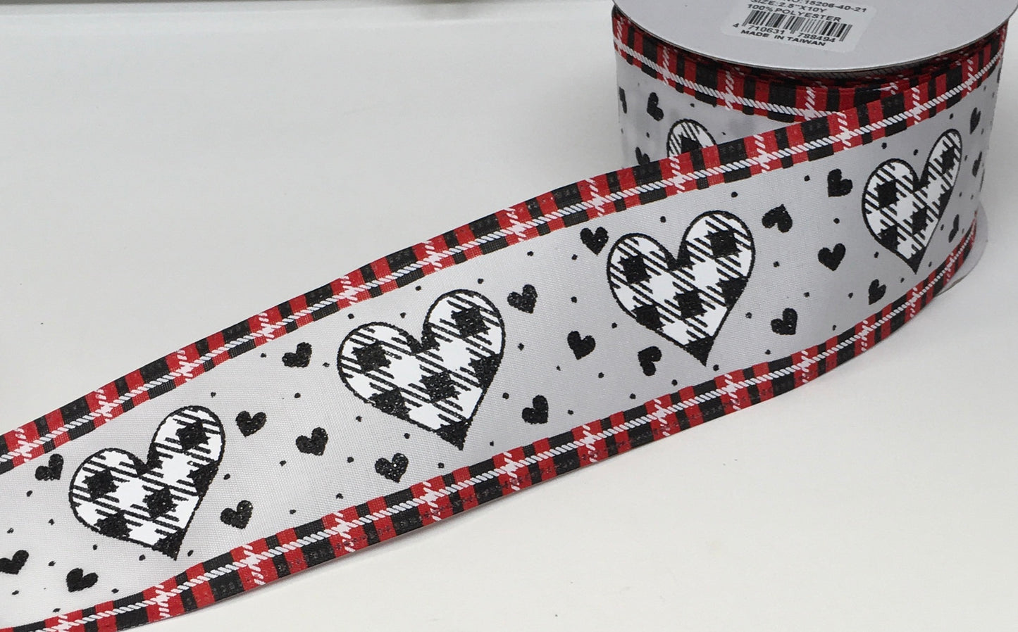 10 Yards - 2.5" Wired Valentines Day Heart Ribbon with Glitter Accent and Check Edge