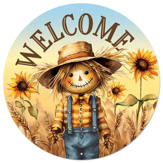 12” Round Metal Fall Scarecrow Wreath Sign