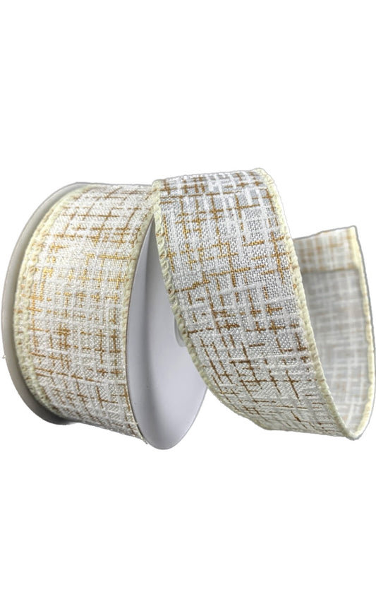 Wired Ivory Linen with White and Gold Glitter Print Tweed Ribbon- 1.5”x10 Yards
