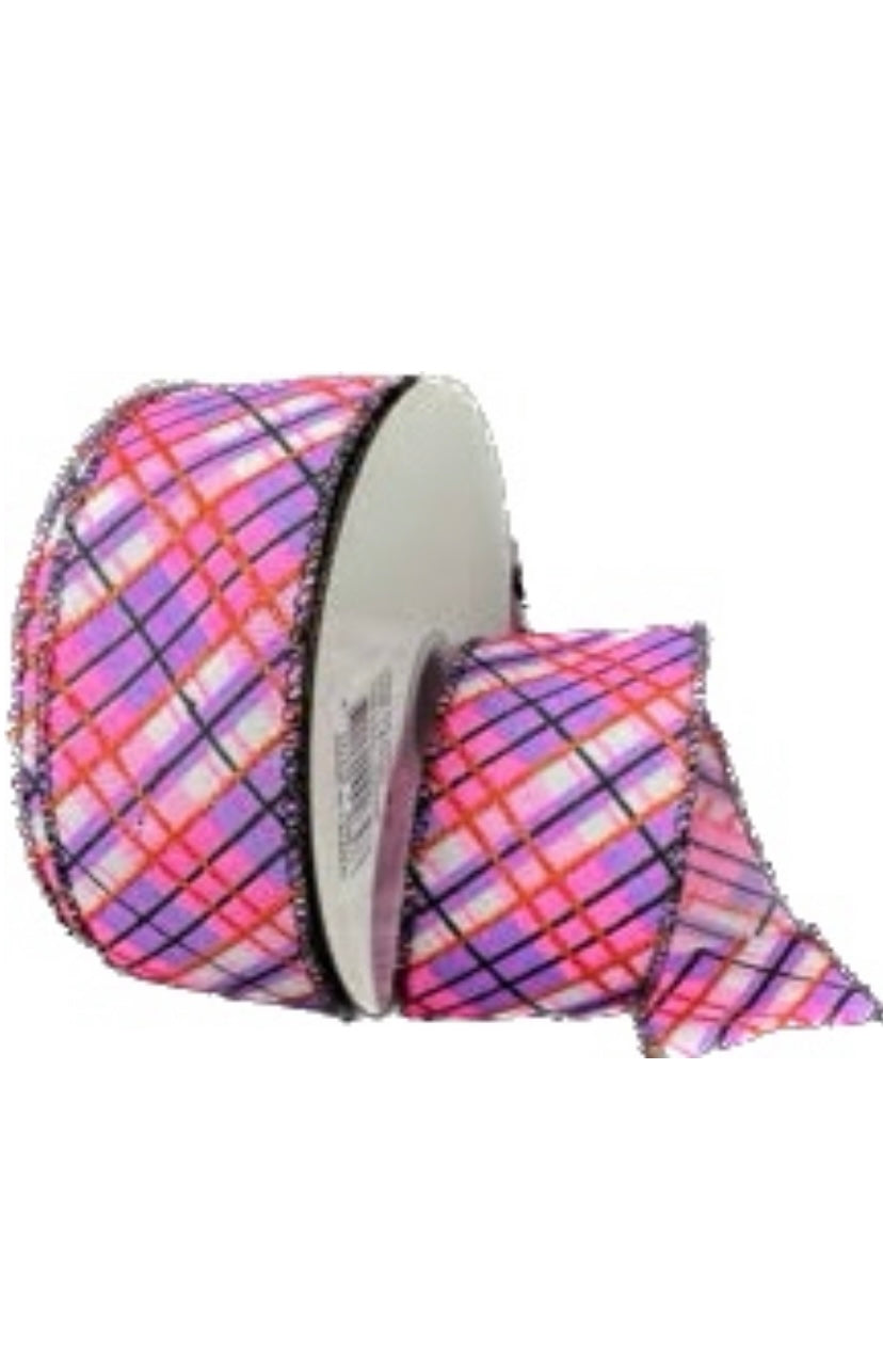 Wired Pink, Purple, and White Diagonal Cross Printed Plaid Ribbon-1.5”x10 Yards