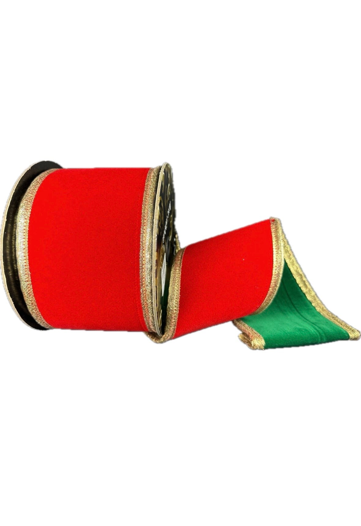 Wired Thick Flat Red Velvet/Emerald Velvet Back/Gold Puffy Edge Ribbon- 4”x5” Yards