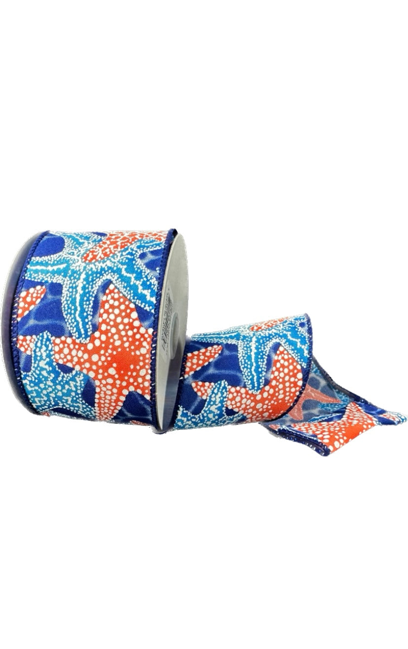 10 Yards - 2.5" Wired Dark Blue Water Satin with Coral and Blue Starfish Ribbon - Beach Ribbon