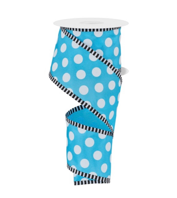 10 Yards - 2.5” Wired Blue Polka Dot with Stripe Edge Ribbon