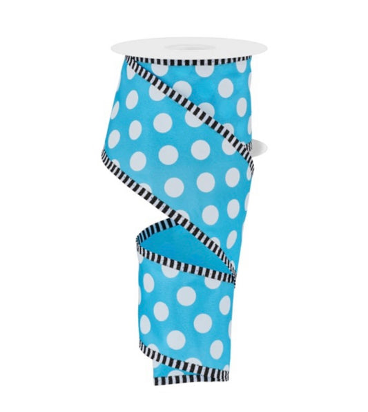 10 Yards - 2.5” Wired Blue Polka Dot with Stripe Edge Ribbon