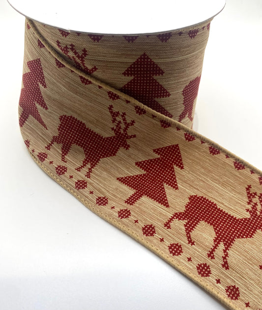 10 Yards - 2.5" Wired Burgundy Deer and Trees Reindeer Ribbon