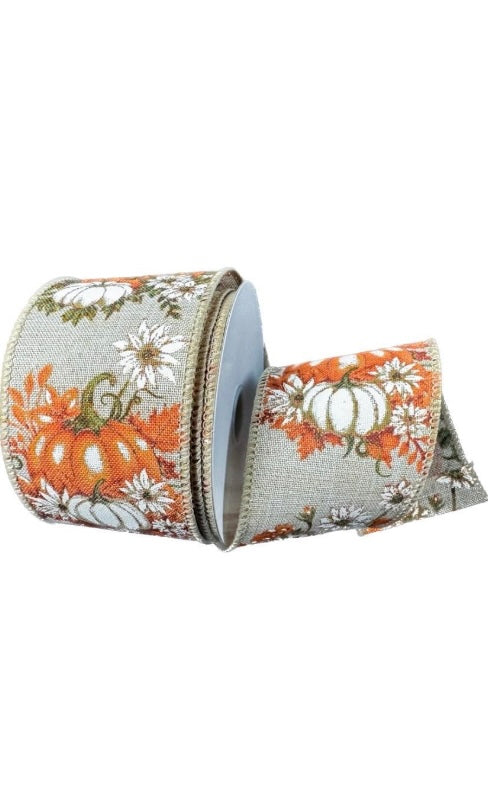 Wired Fall Pumpkins and Flowers on Poly Linen Ribbon- 2.5”x10 Yards