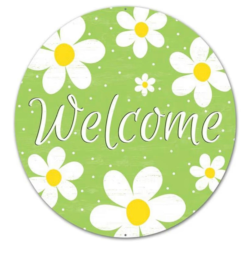 12” Round Metal Green Welcome Daisy Wreath Sign