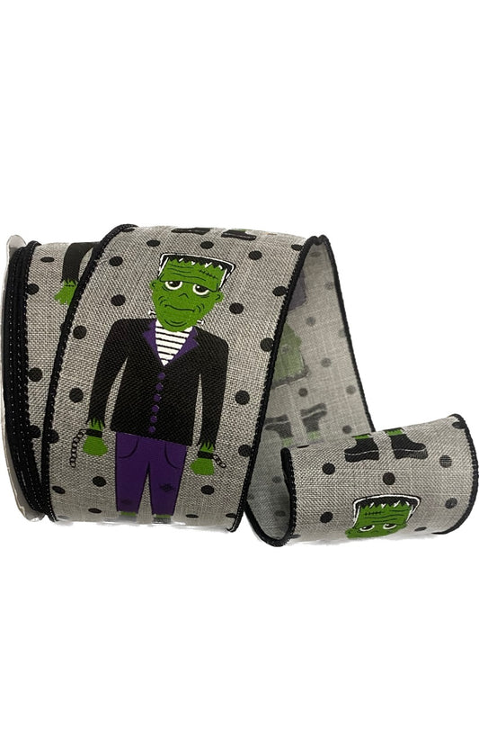 Wired Gray Frankenstein Halloween Ribbon -2.5”x10 Yards